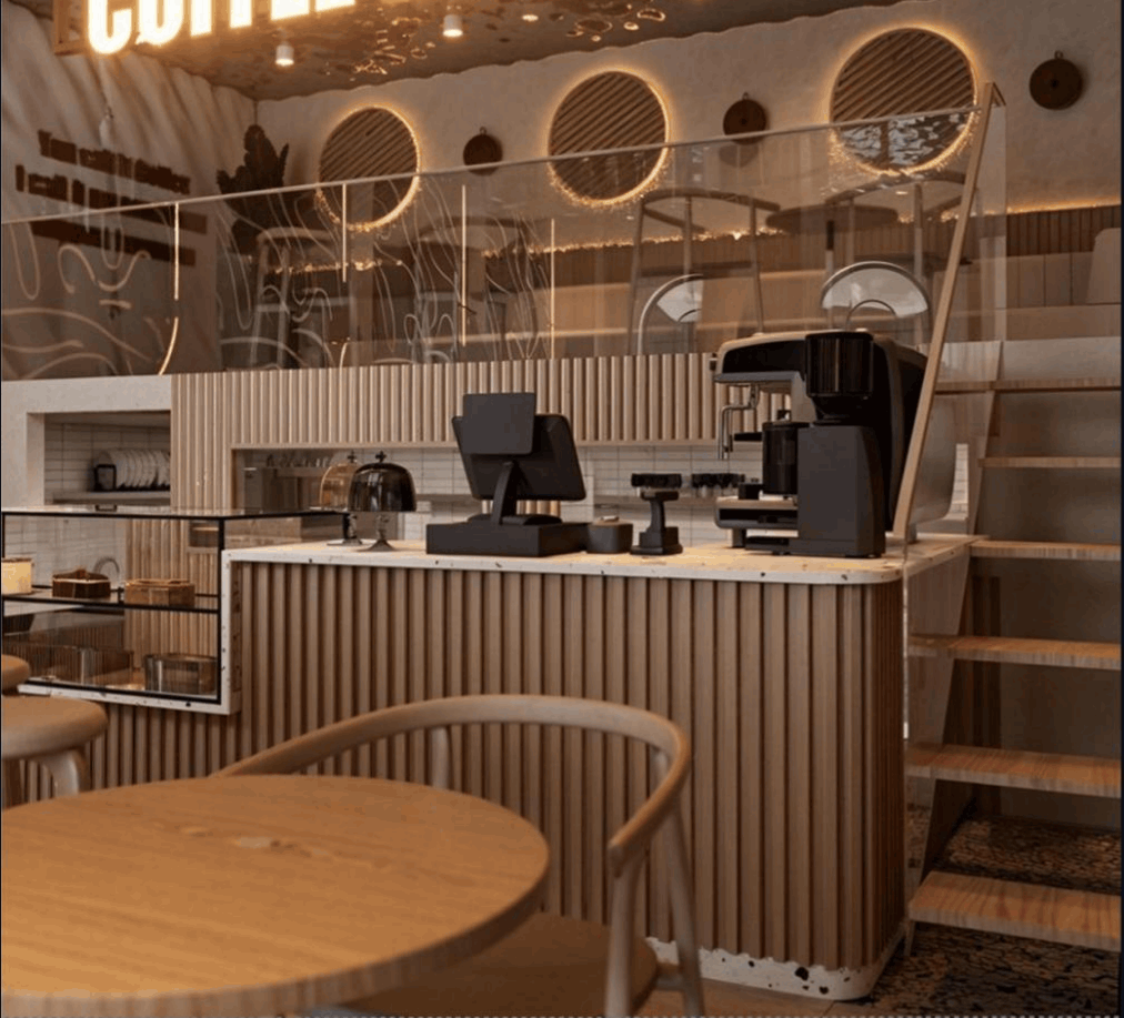 Coffee Dot Islamabad — wave-wall arches and rippled mirror ceiling