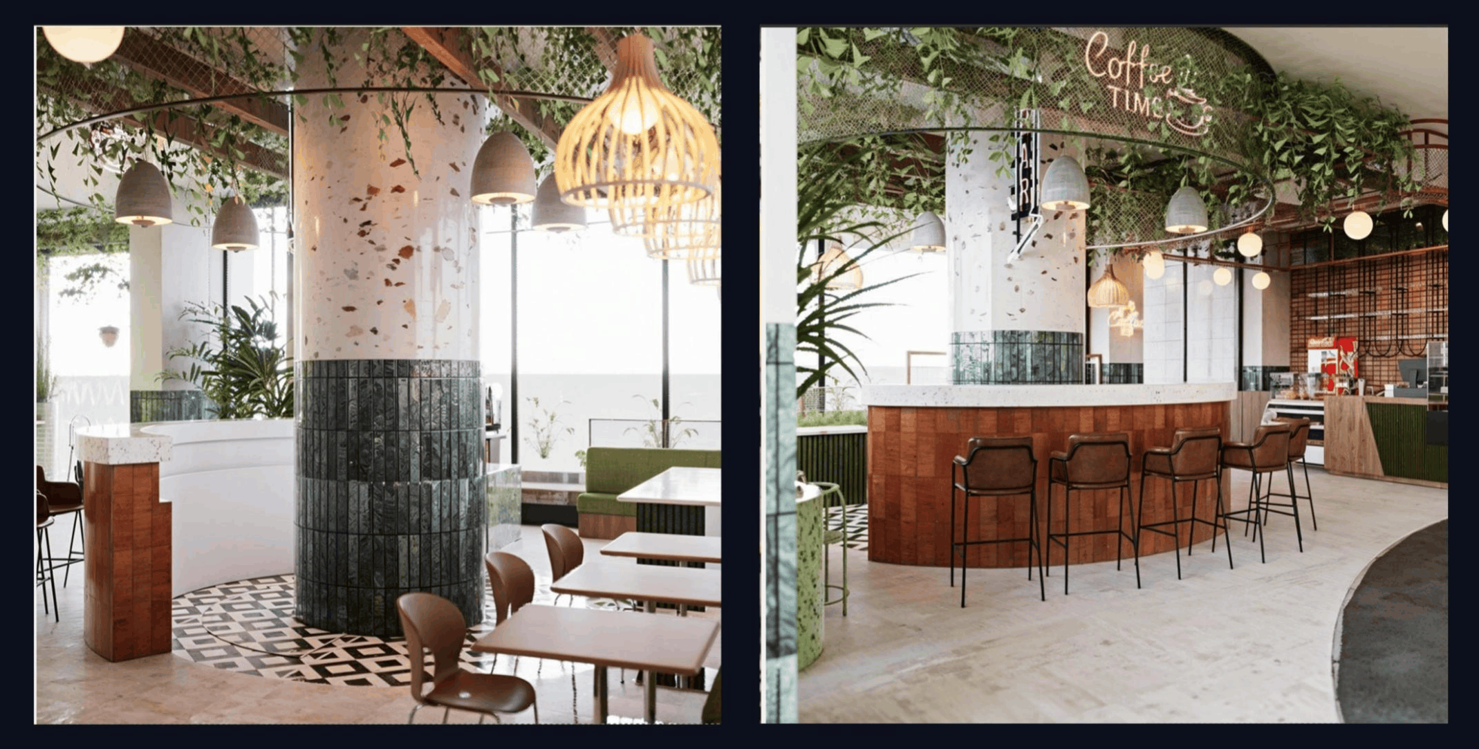 Premium cafe Islamabad — pillar detail and Coffee Time biophilic zone