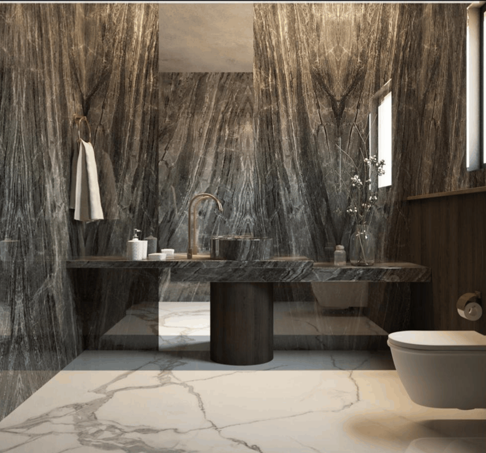 Mahesh Manglani Residence — Suite V charcoal wood fins and marble bathroom