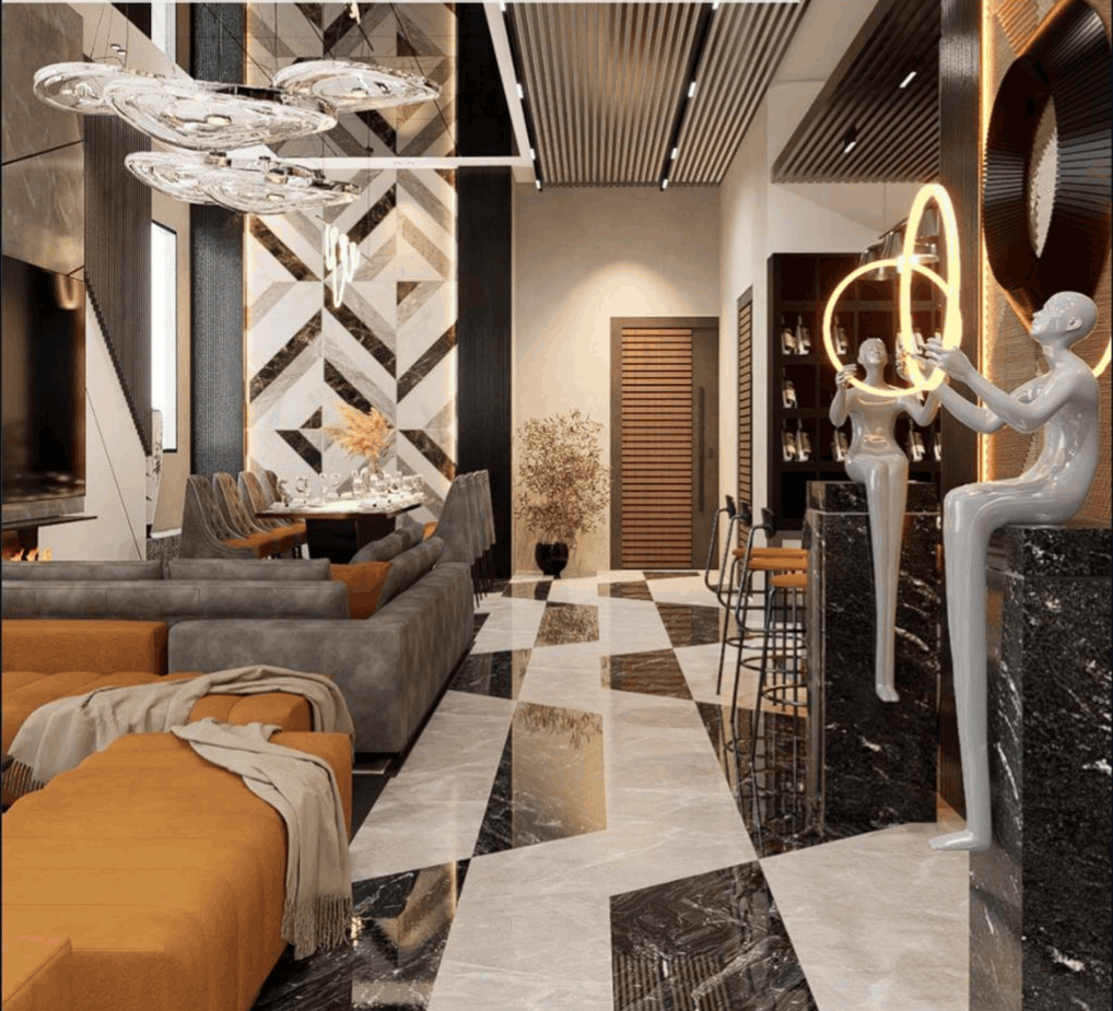 Asad Residence — open-plan lounge, dining, and integrated bar