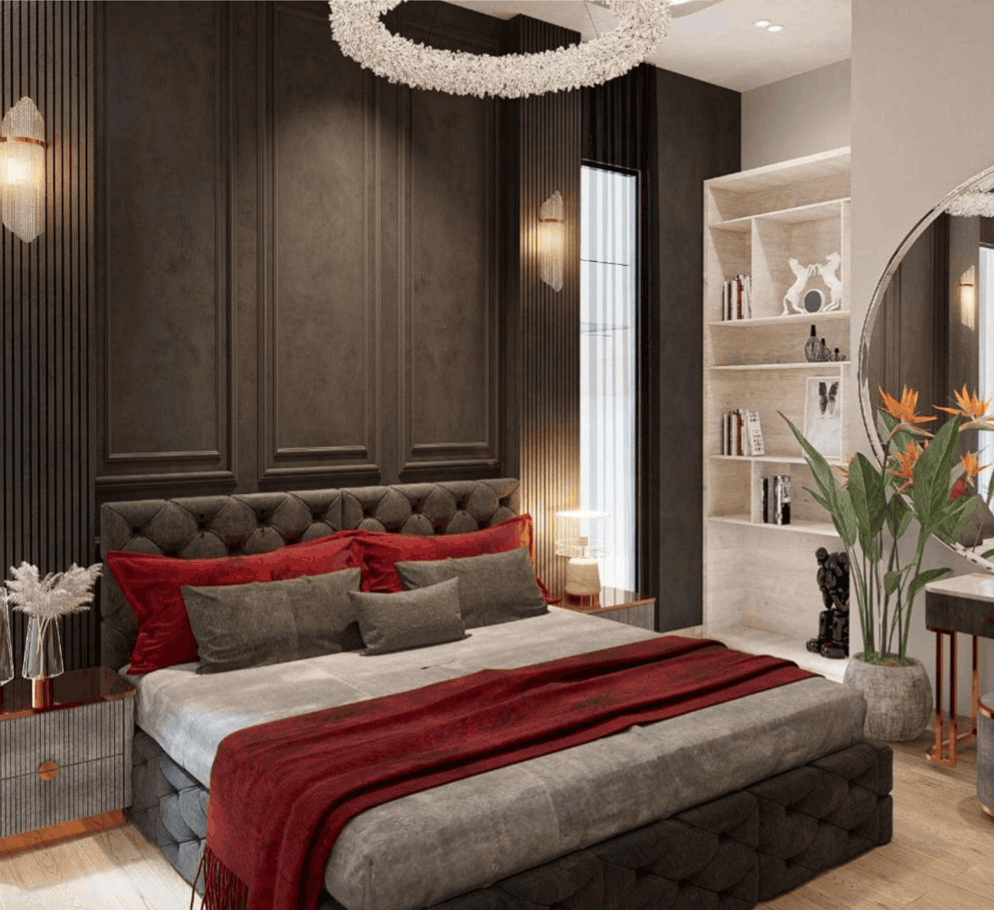 Asad Residence — Master suite A crimson and charcoal bedroom