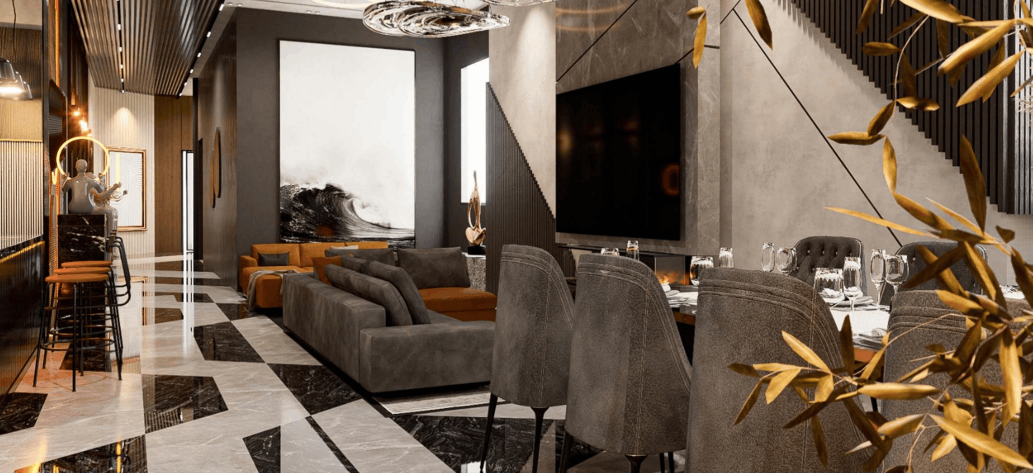Asad Residence — grand living and open dining with geometric marble floor
