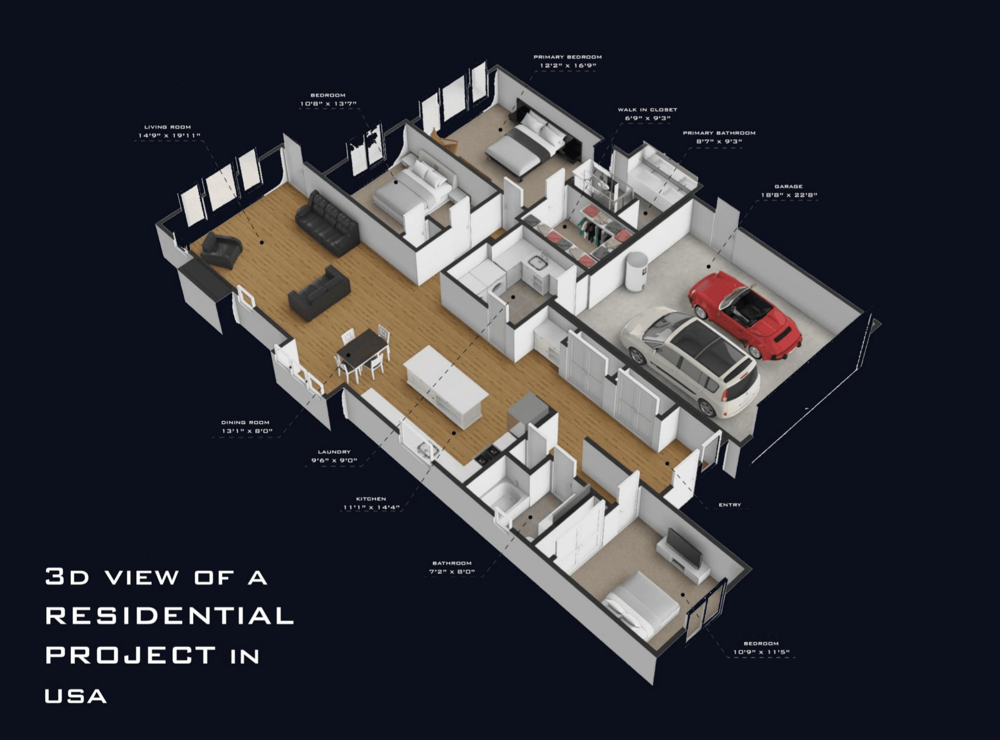 3D isometric spatial layout with furniture volumes