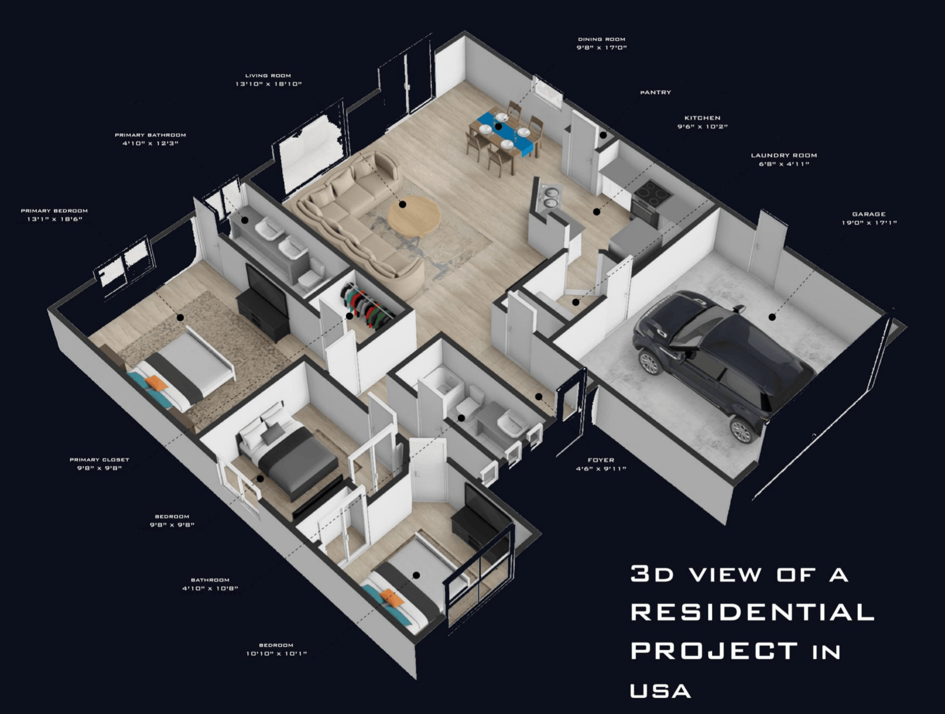 Dimensioned floor plan with clearances and wet-zone clustering